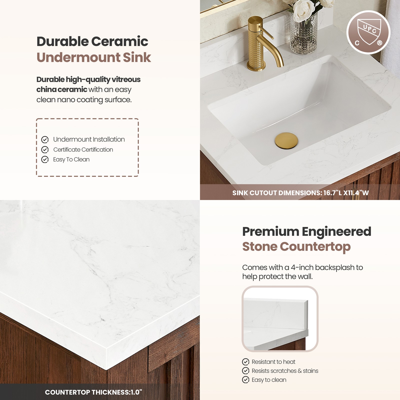 Shenzhen 24″ Single Bath Vanity in Aged Dark Brown Oak with Composite Stone Top