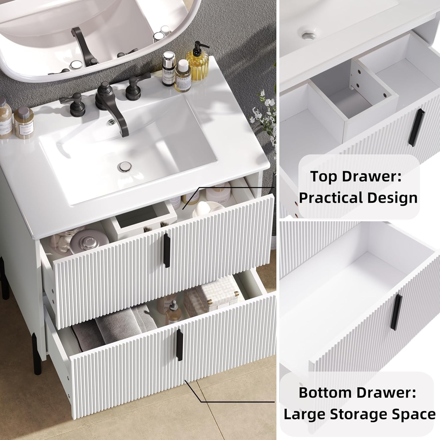 30 in.Bathroom Vanity with Fluted Design Vanity with Sink Suit For Any Bathroom