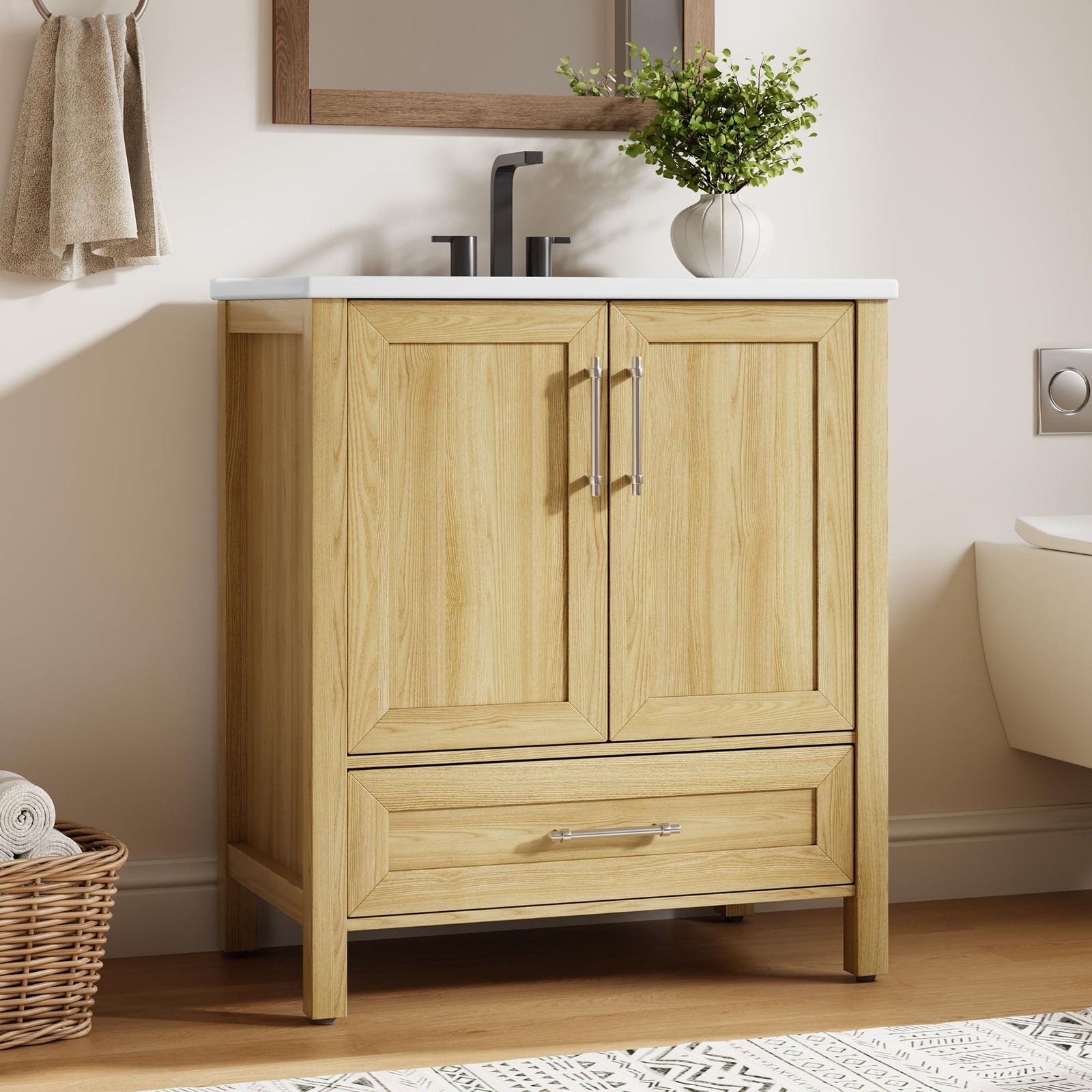 Small Space 30″ Vanity, Wood Freestanding, Soft-Close Door, Metal Handle, Sink