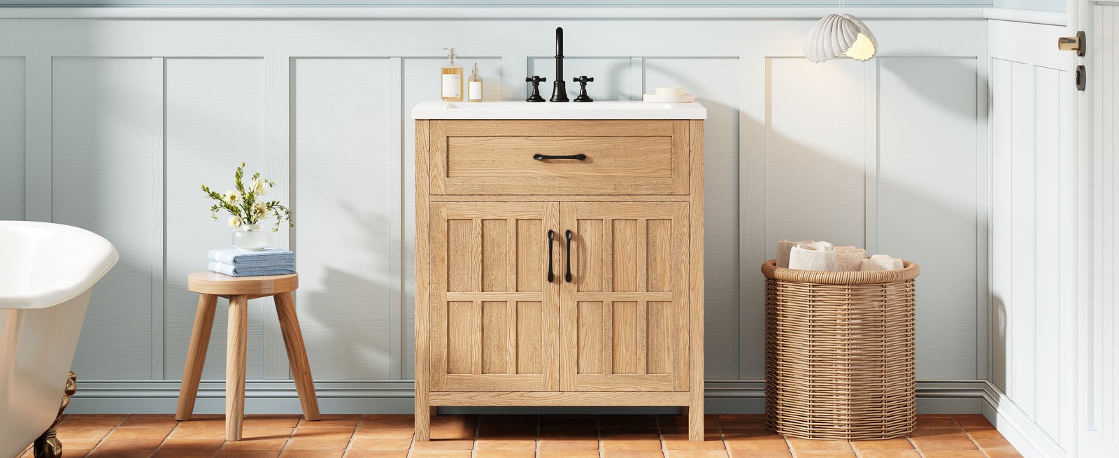 30″ Bathroom Vanity with Resin Sink, Modern Wood Frame Bathroom Sink Cabinet