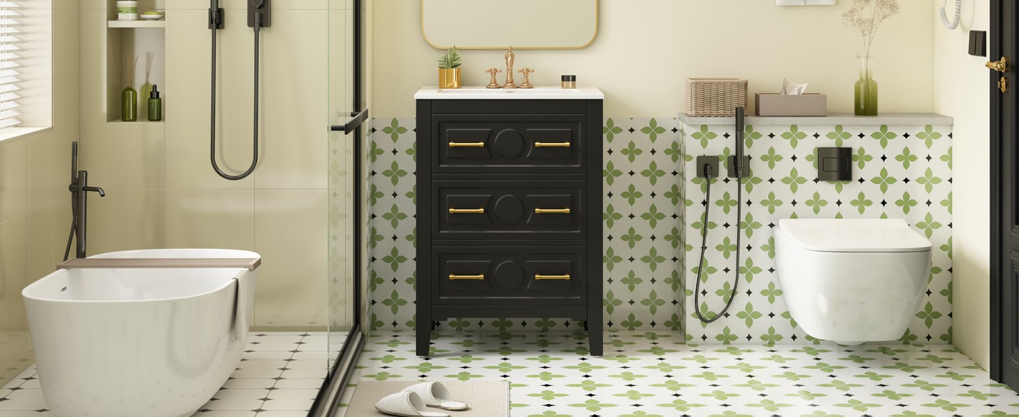 24” Bathroom Vanity with Ceramic Sink, 3 Drawers, Solid Wood Frame Retro Black