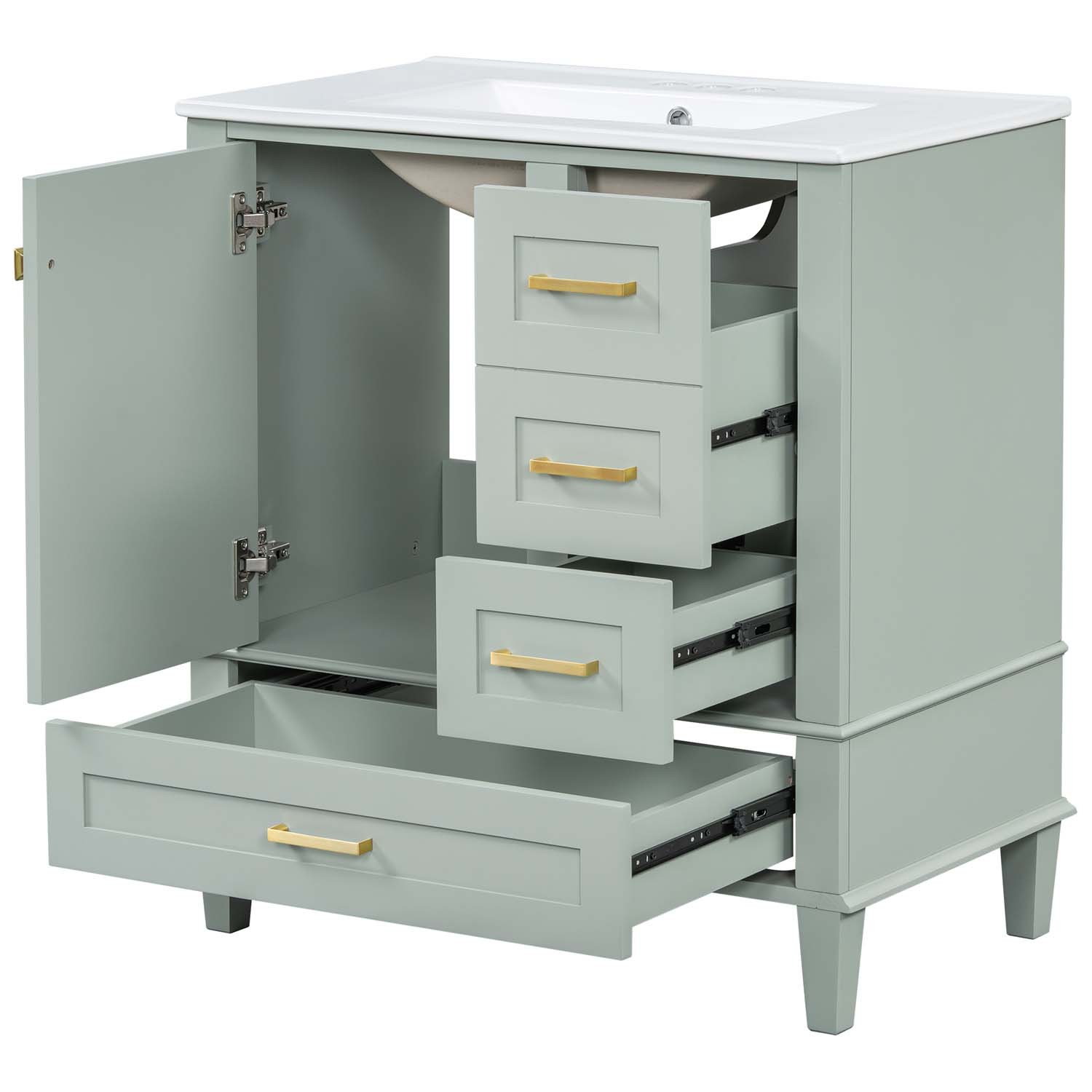 30″ Freestanding Bathroom Vanity Sage Green Solid Wood Soft-Close 3 Drawers Sink
