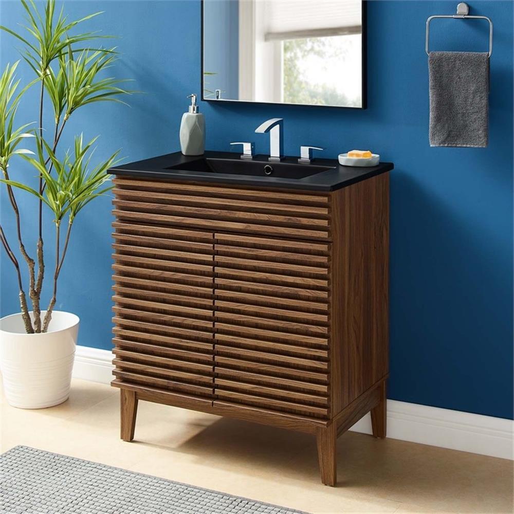 Modway Render 30″ Modern Wood/Ceramic Bathroom Vanity in Walnut/Black