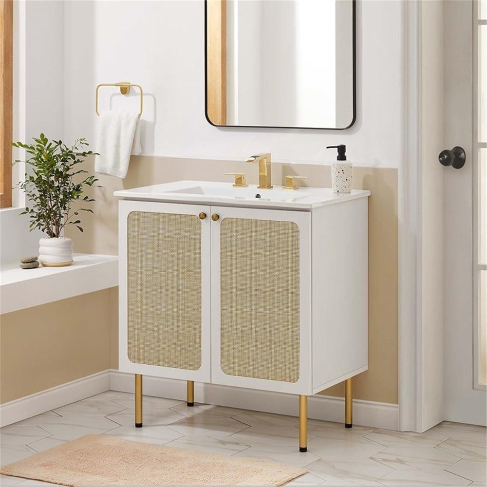 Modway Chaucer 30″ Wood & Rattan Bathroom Vanity with Adjustable Shelf in White