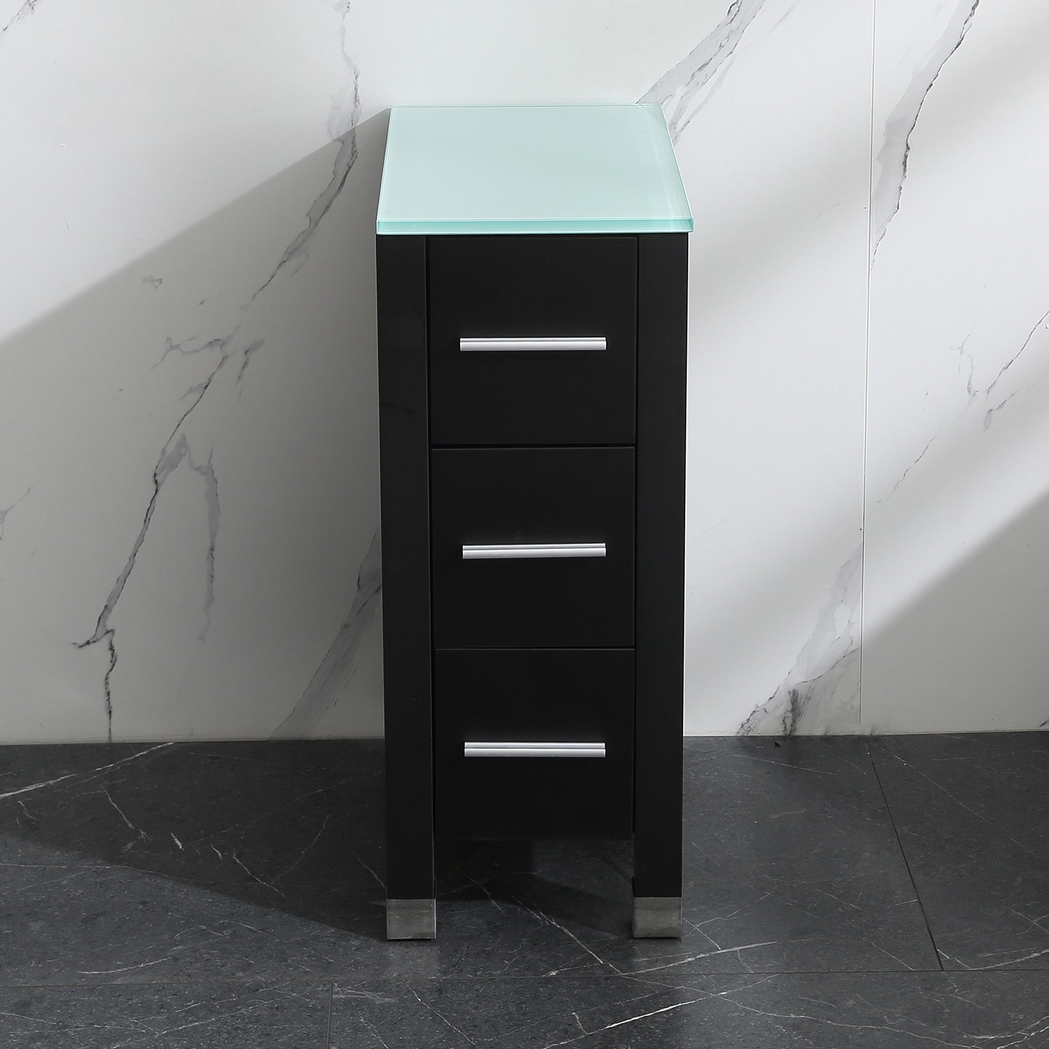 11.8 inch Bathroom Vanity Small Drawer Cabinet Glass Top Black with 3 Drawers