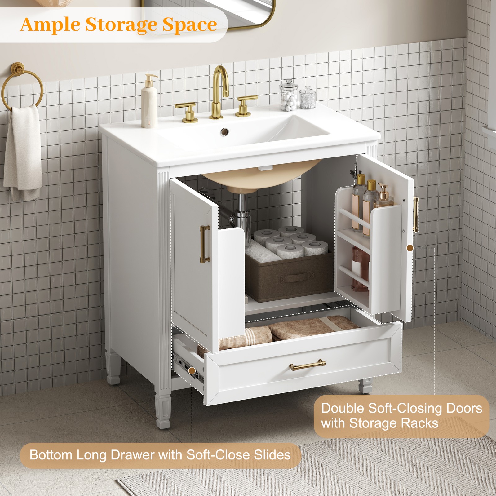 30″ White Fluted Bathroom Vanity with Ceramic Sink, Soft-Close