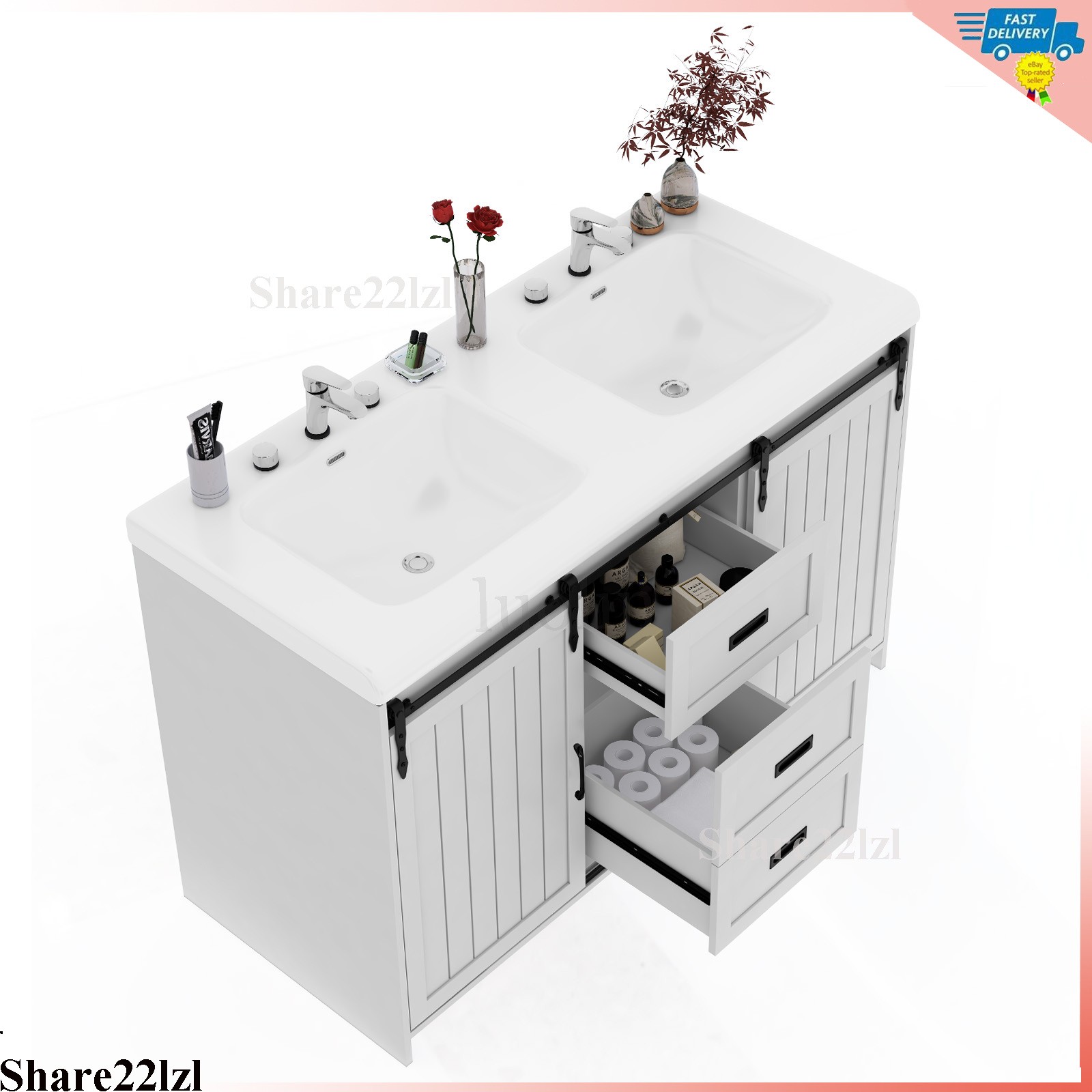 47″ Bathroom Vanity Cabinet, Double Ceramic Sink, 2 Drawers, 2 Sliding Doors