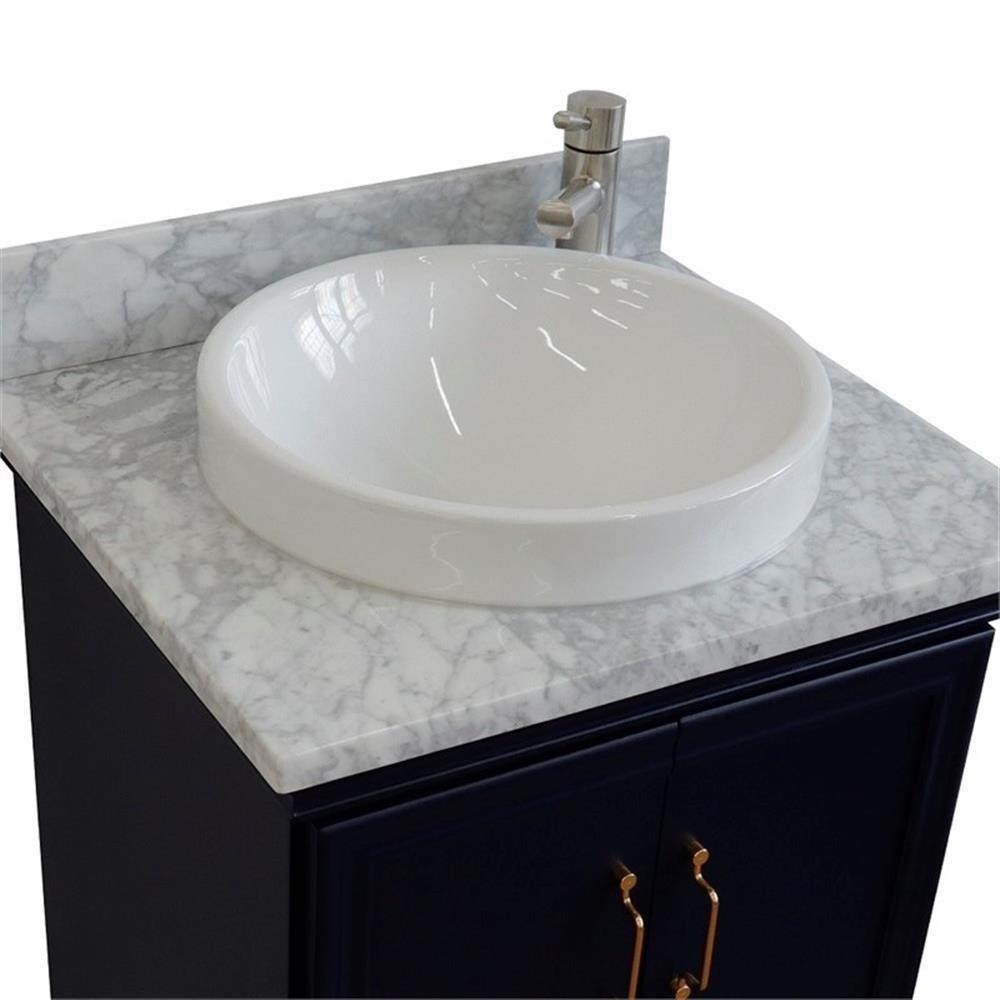 25 in. Single Wooden Vanity Blue with White Carrara Round Sink