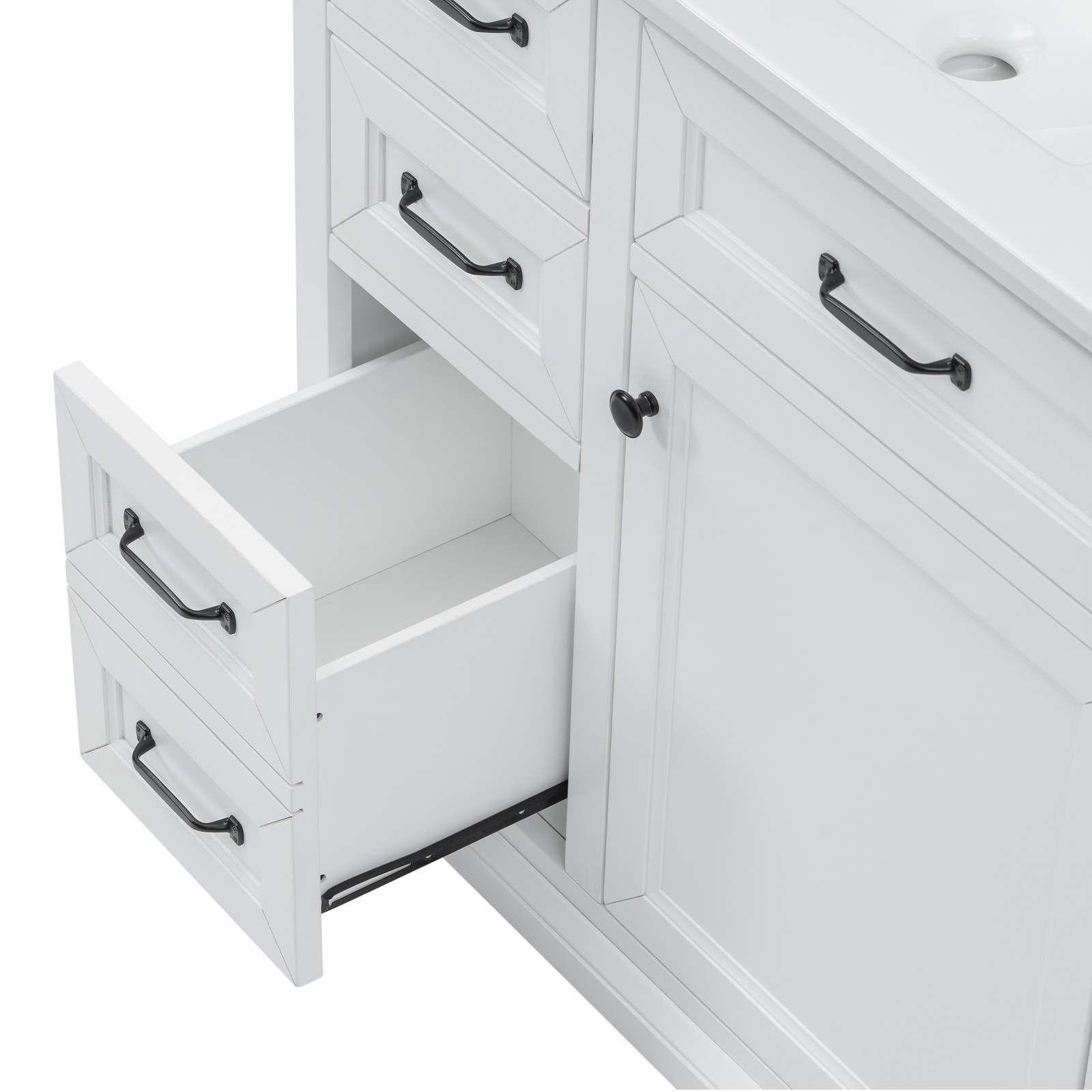 36″ Bathroom Vanity with Ceramic Sink Top, 4 Drawers & 1 Soft-Close Door