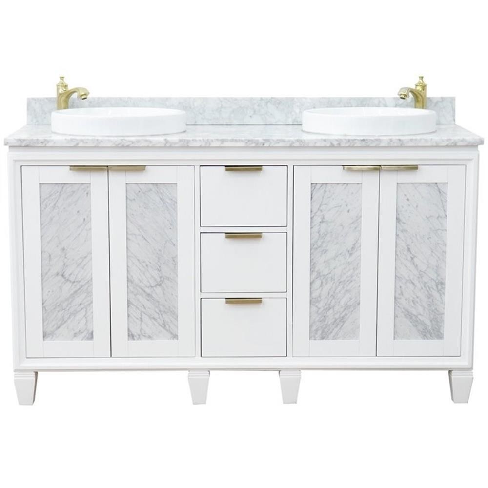 Pemberly Row 61″ Double Round Sink Solid Wood Vanity in White/White Carrara
