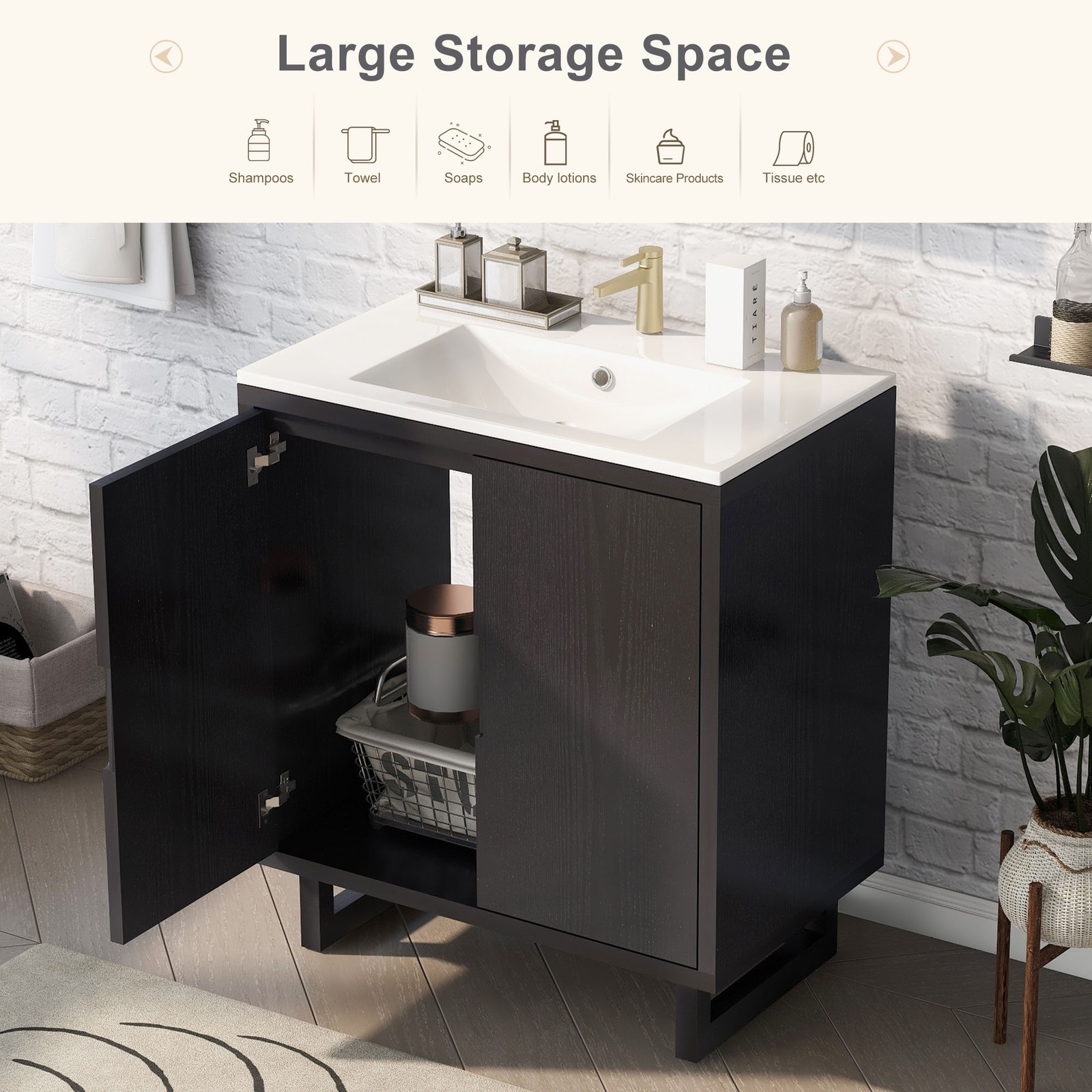 30″ Bathroom Vanity Set with Sink, Solid Wood Frame, Black Cabinet