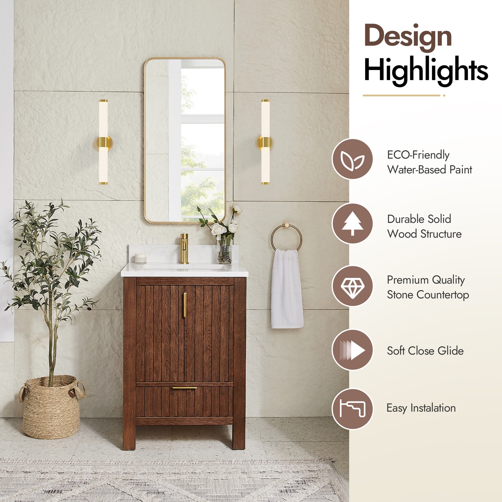 Shenzhen 24″ Single Bath Vanity in Aged Dark Brown Oak with Composite Stone Top