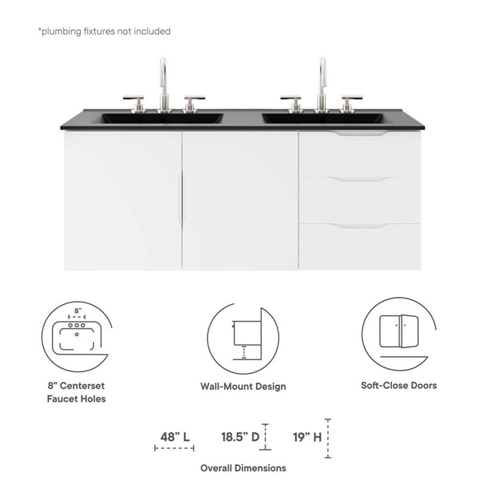Modway Vitality Modern Wood/Ceramic Double Sink Bathroom Vanity in White/Black