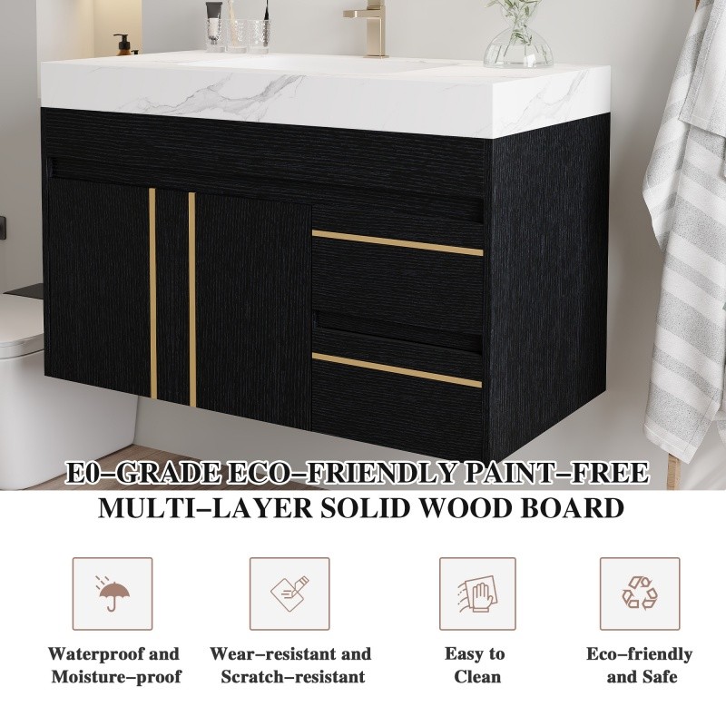 36″ Modern Floating Bathroom Vanity w/Integrated Ceramic Sink & Faux Marble Top