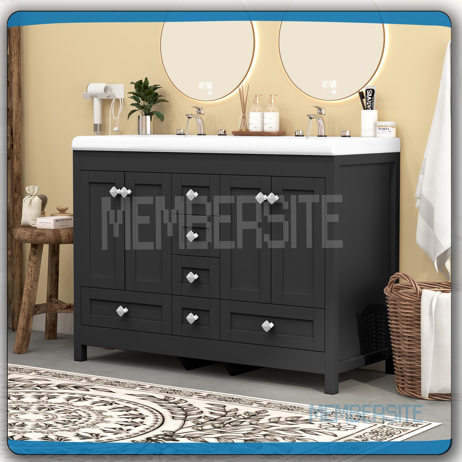 Black Bathroom Vanity Cabinet 47.3″ Double Ceramic Sinks , 2 Doors & 6 Drawers