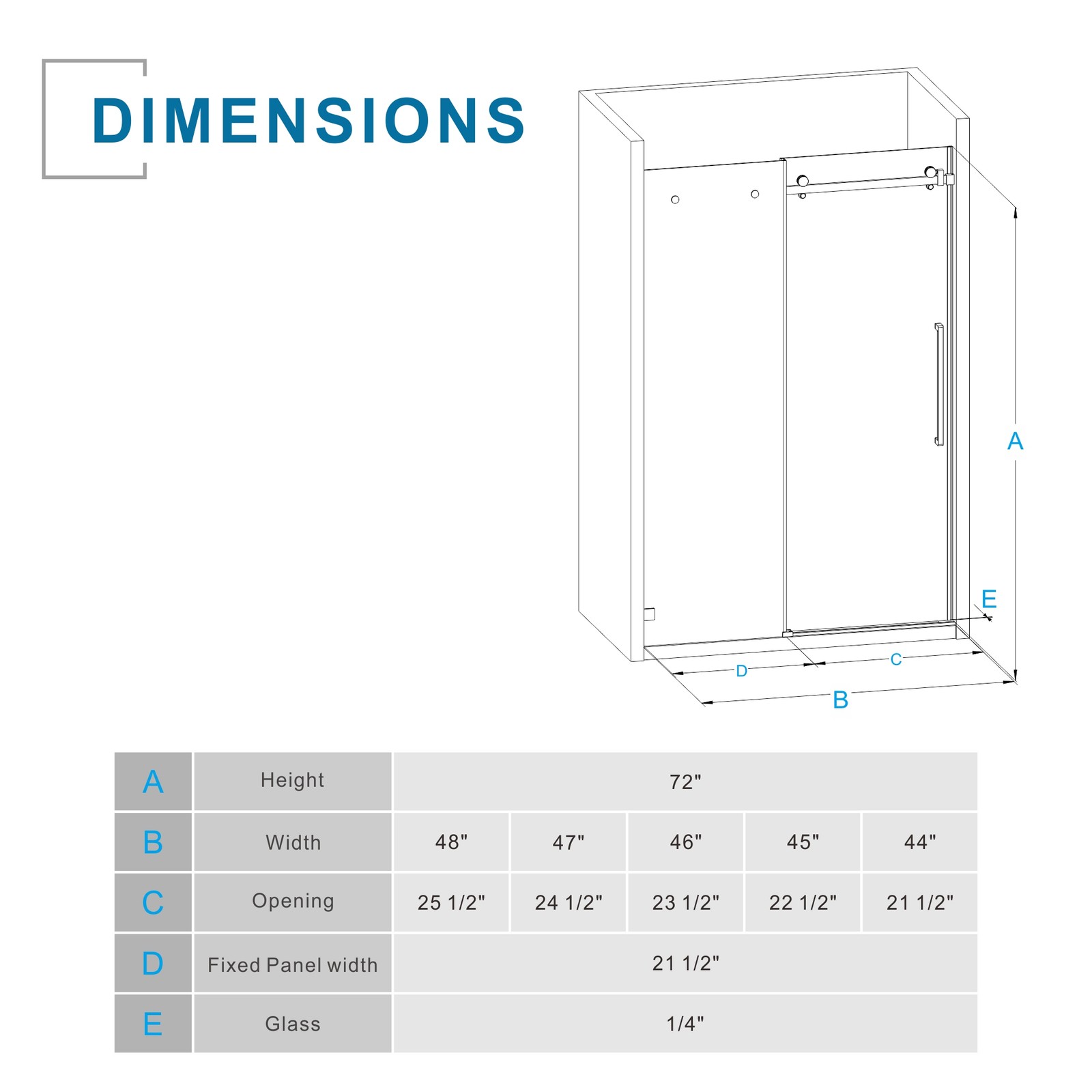 Frameless Shower Door, 48″ W x 72″ H Sleek Silent Sliding Glass Door Chrome
