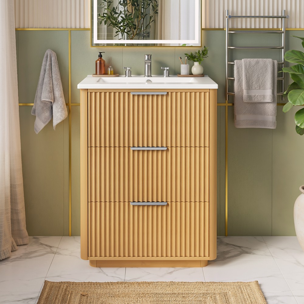 24 inch Modern Luxury Bathroom Vanity with Ceramic Sink, Open Shelf and Storage