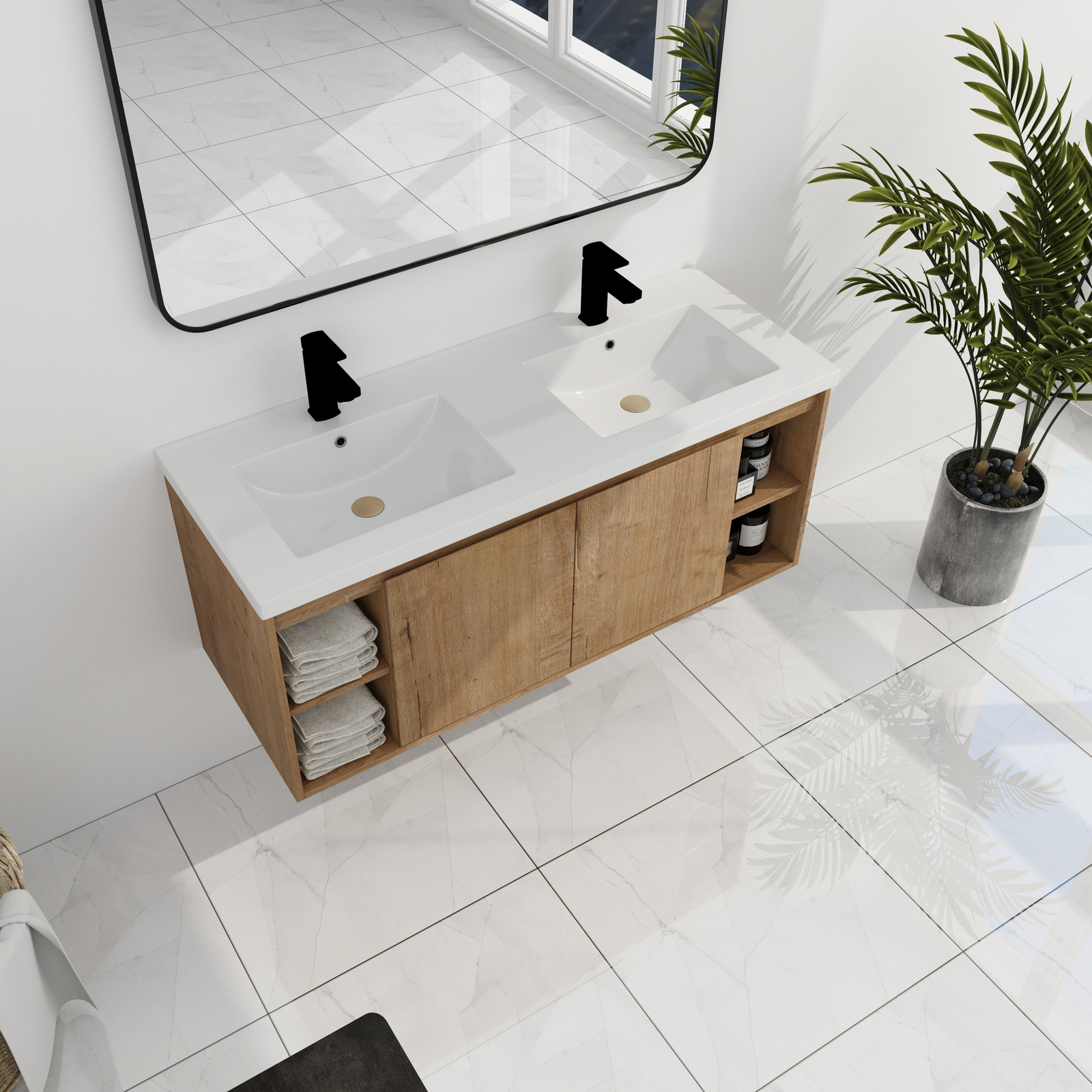 48inch Wood Wall Mounted Foating Bathroom Vanity W/ Double Sink +Shelf and Doors