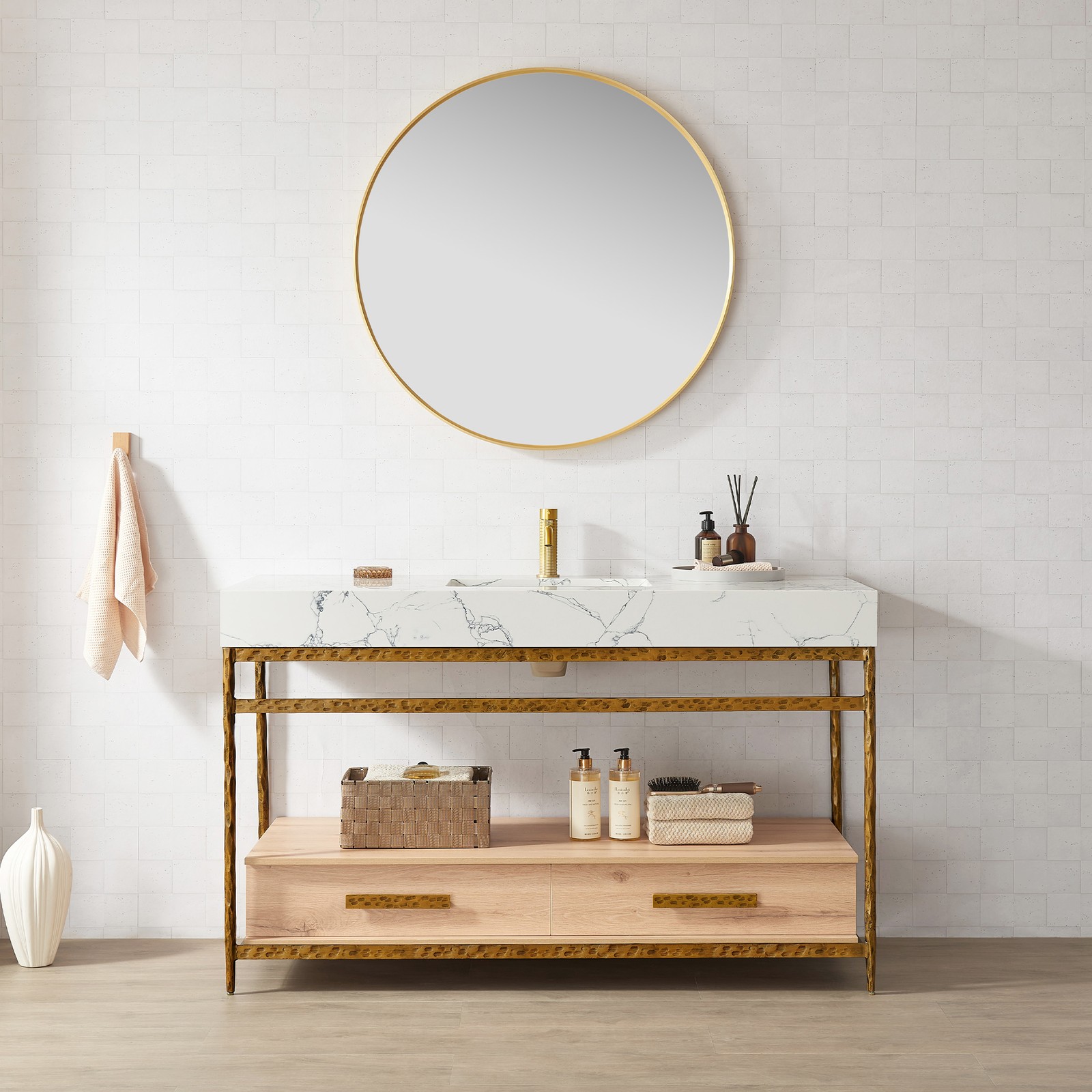 Dhaka 55″ Single Vanity in Yellow Bronze Metal Support with Composite Stone Top