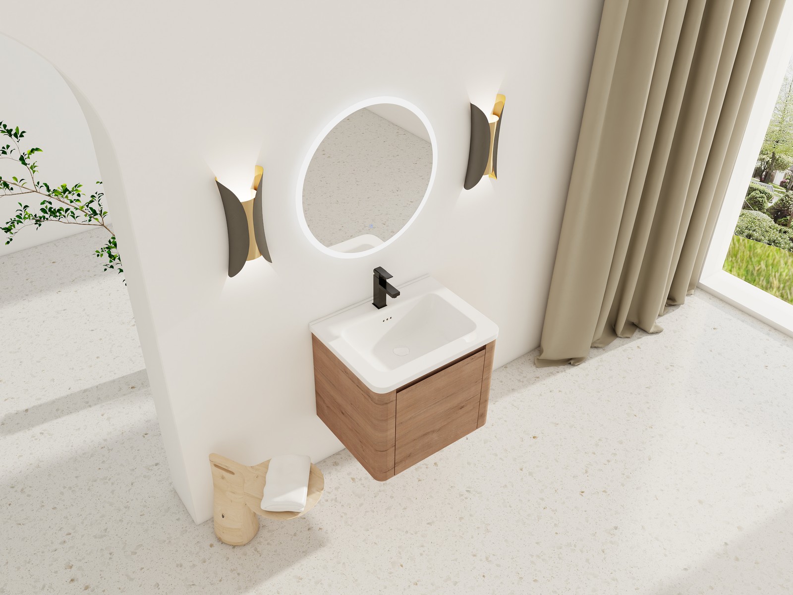 24″ Plywood Wall-Mounted Bathroom Vanity w/ White Ceramic Sink Soft-Close Door