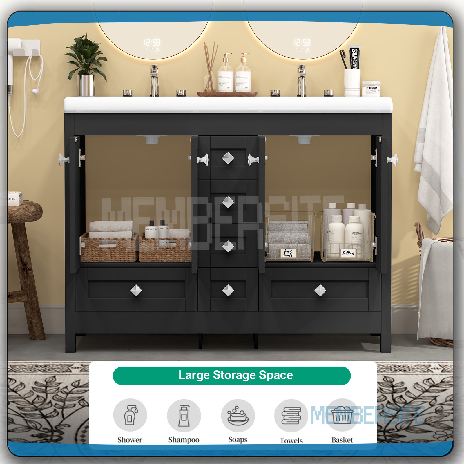 Black Bathroom Vanity Cabinet 47.3″ Double Ceramic Sinks , 2 Doors & 6 Drawers