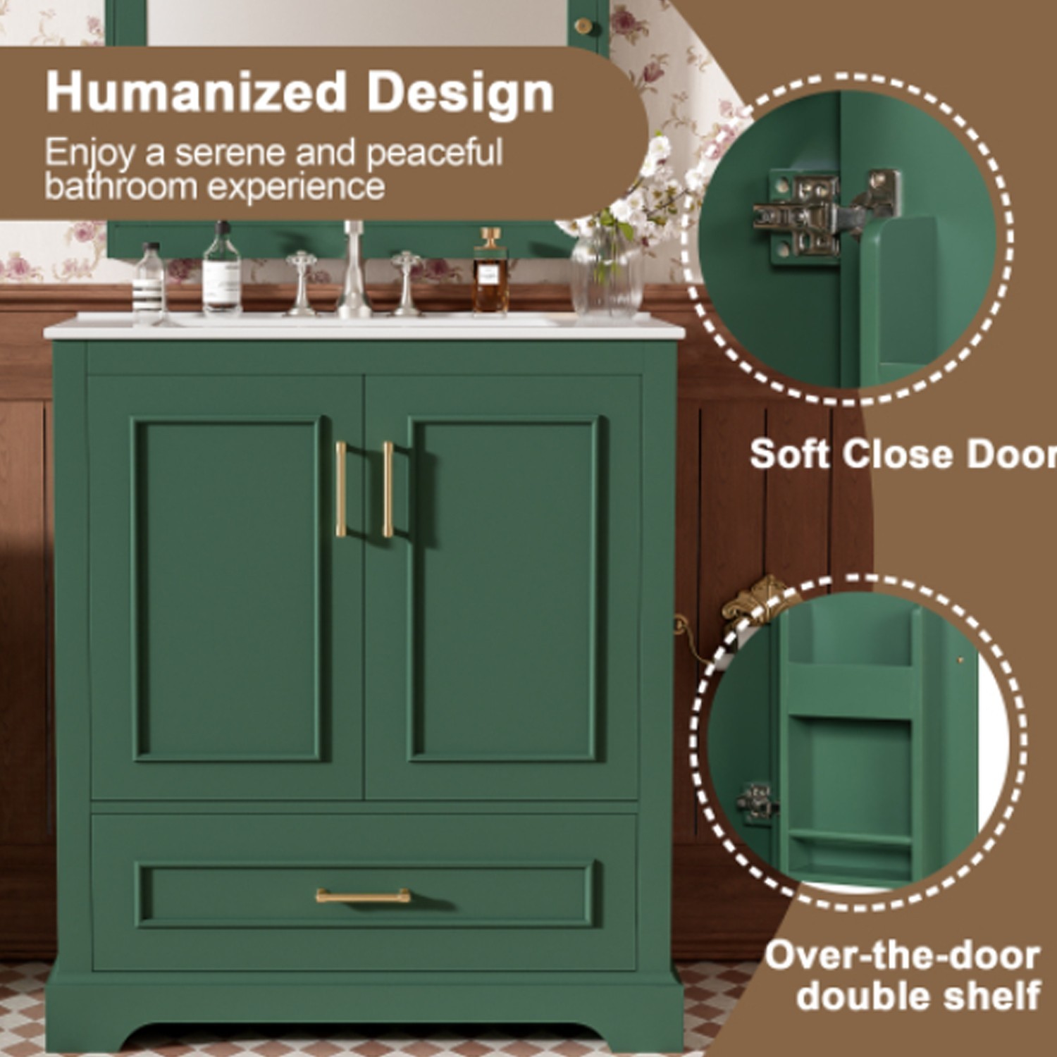 Solid Wood Green Bathroom Sink Vanity Modern Stylish 30 inches Bathroom Vanity