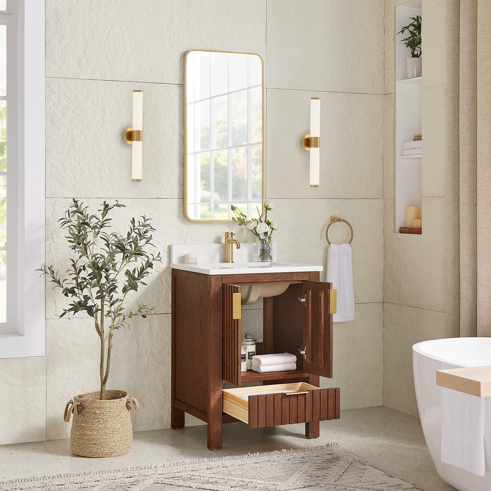 Shenzhen 24″ Single Bath Vanity in Aged Dark Brown Oak with Composite Stone Top