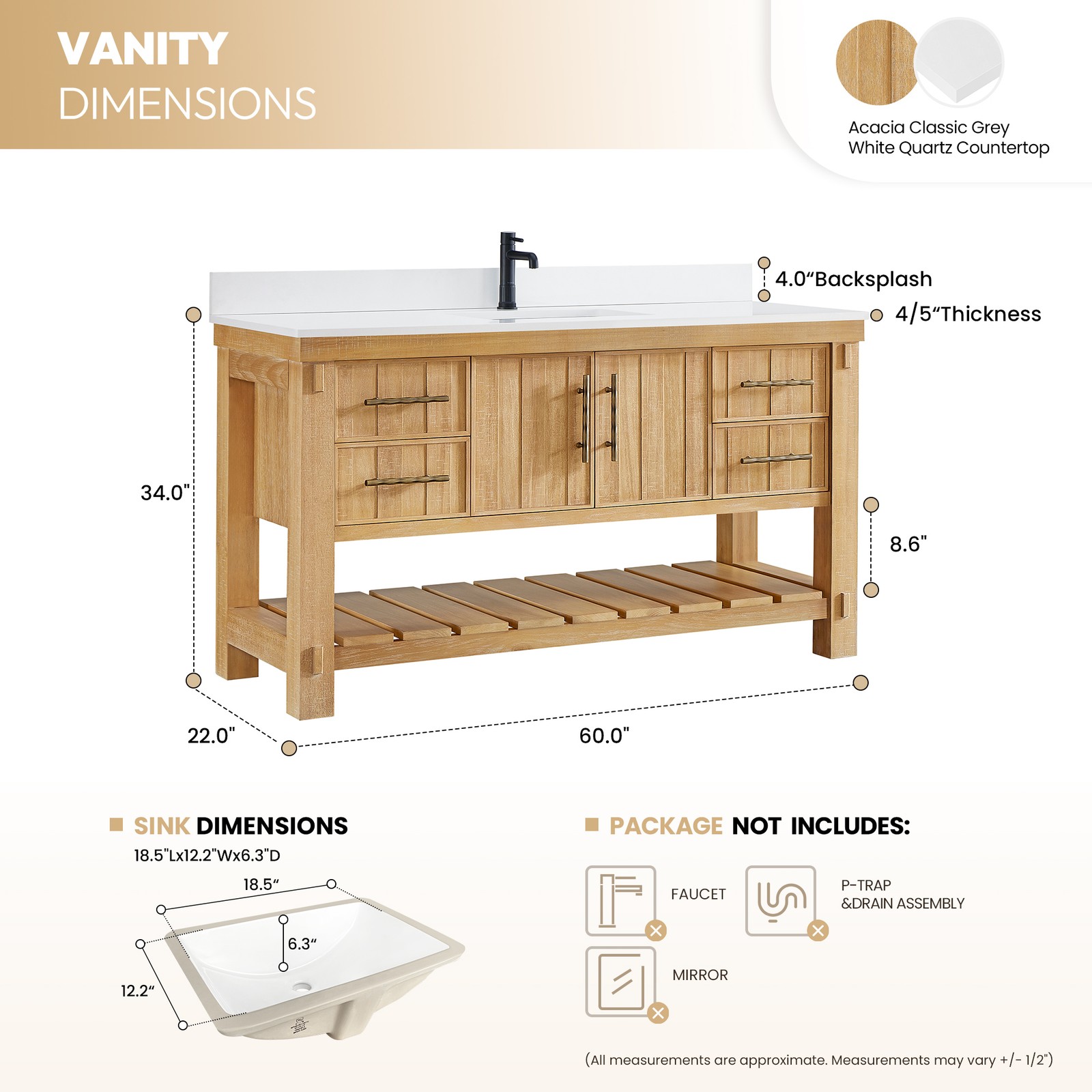 Paris 60″ Single Bath Vanity in Acacia Classic Grey with White Quartz Stone Top