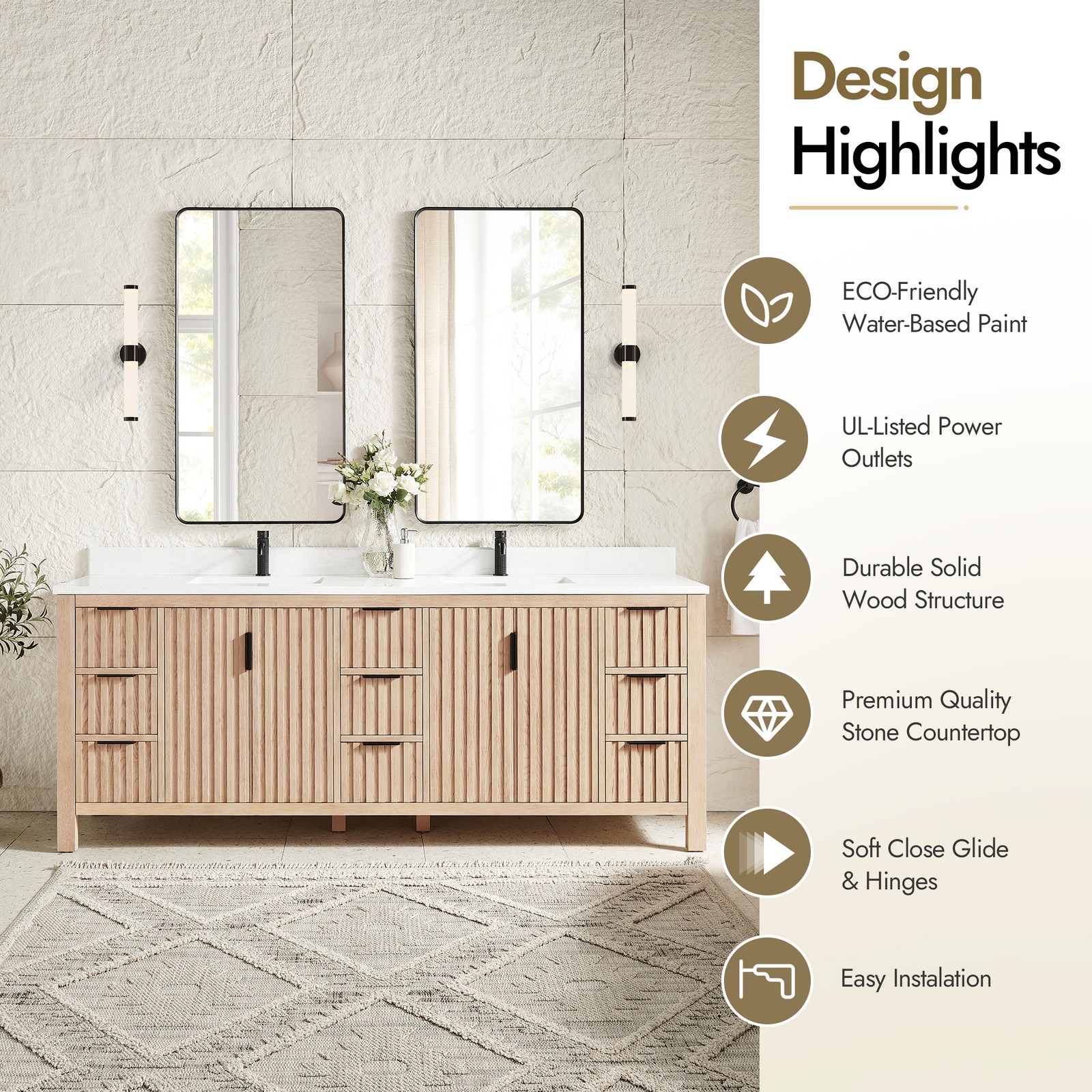 Shenzhen 84″ Double Bath Vanity in Aged Natural Oak with Composite Stone Top