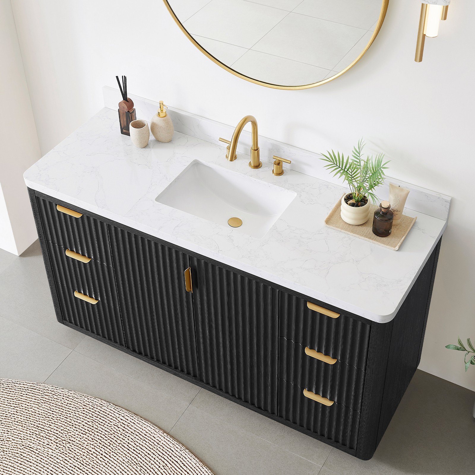 Cadiz 60″ Single Bathroom Vanity in Fir Wood Black with Composite Stone Top