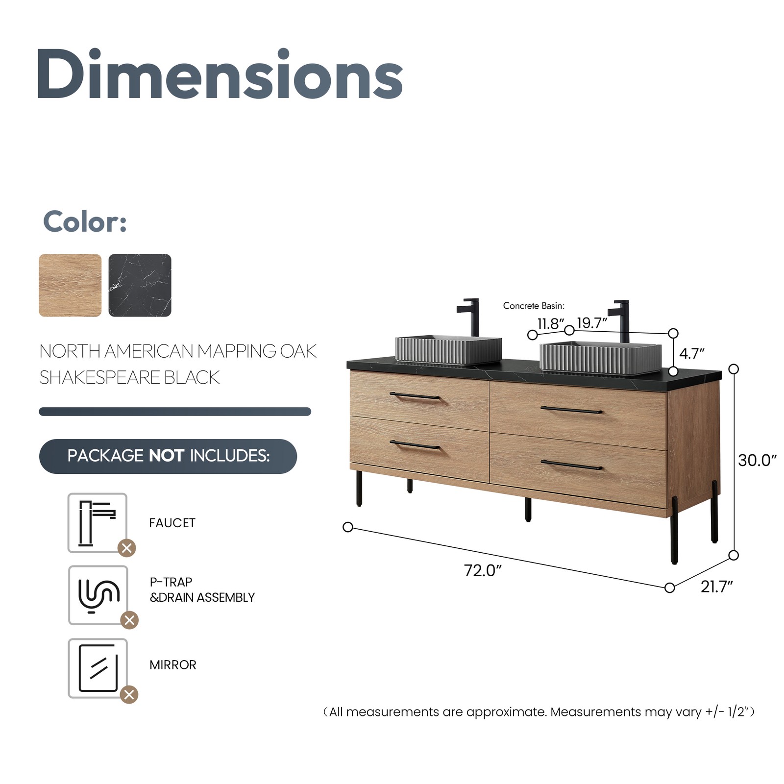 Trento 72″ Double Bath Vanity with Black Sintered Stone Top with Concrete Sink