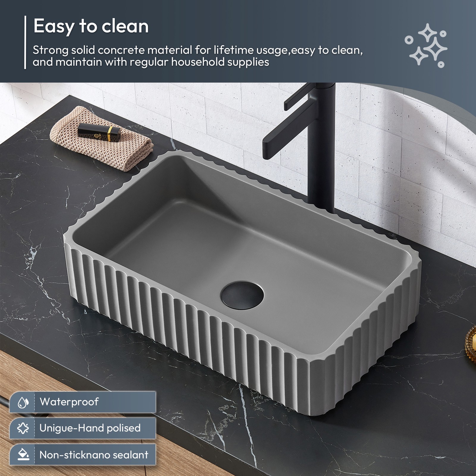 Trento 72″ Double Bath Vanity with Black Sintered Stone Top with Concrete Sink