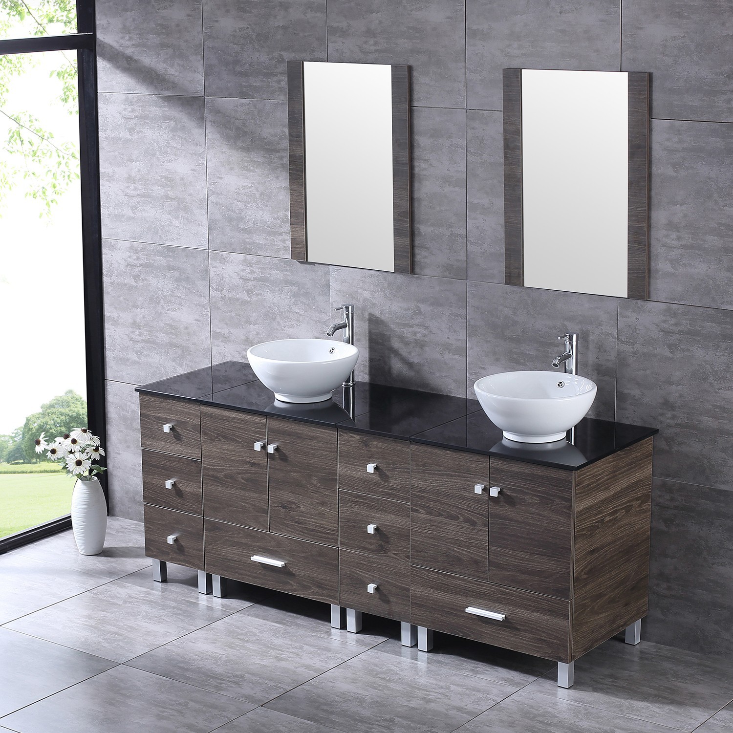 72 inch Double Sink Bathroom Vanity Cabinet Ceramic Vessel Sink w/Mirror Faucet