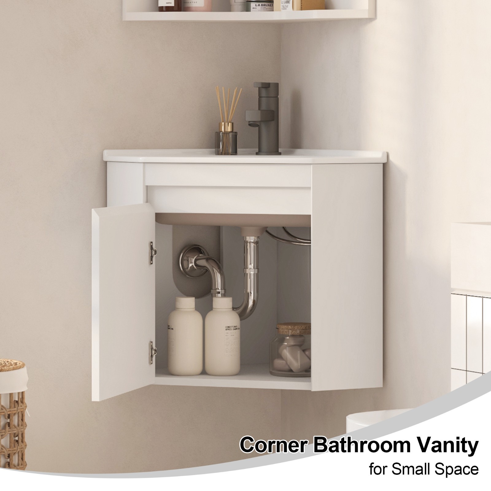 24″ Corner Bathroom Vanity Sink Cabinet Wall Mount Floating for Small Bathroom