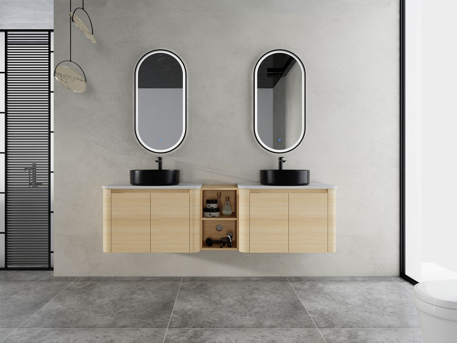 72″ Floating Bathroom Vanity W/ 2 Black Ceramic Sink Stone Slab Top+Open Shelves