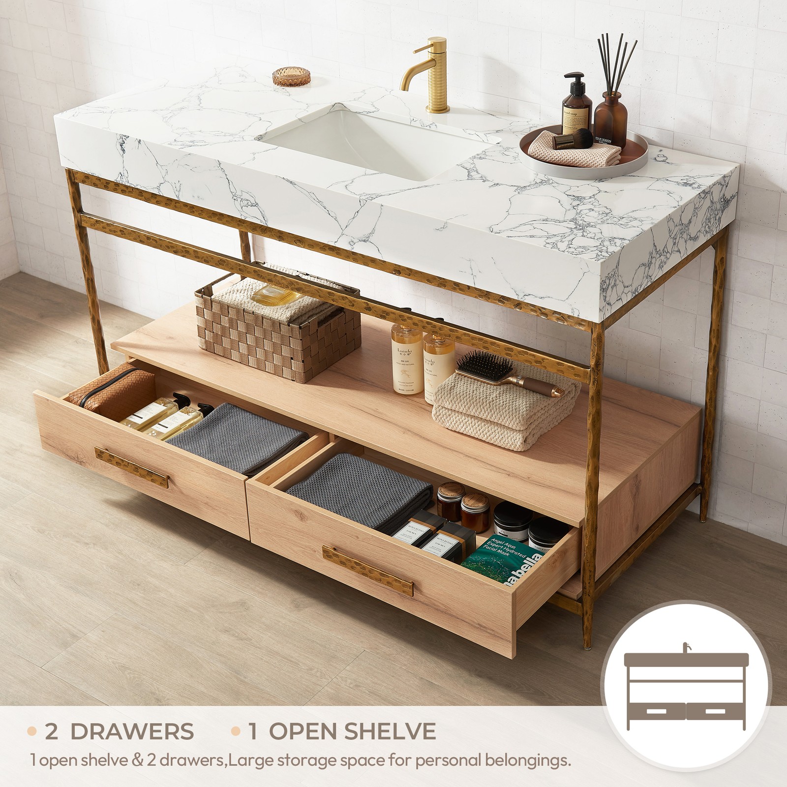 Dhaka 55″ Single Vanity in Yellow Bronze Metal Support with Composite Stone Top