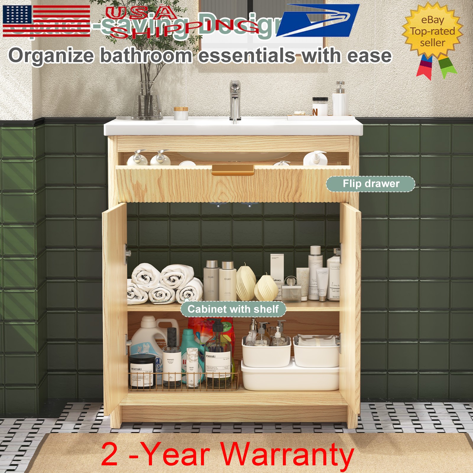 31″ Bathroom Vanity w/Ceramic Sink Modern Freestanding Vanity Cabinet w/ 2 Doors