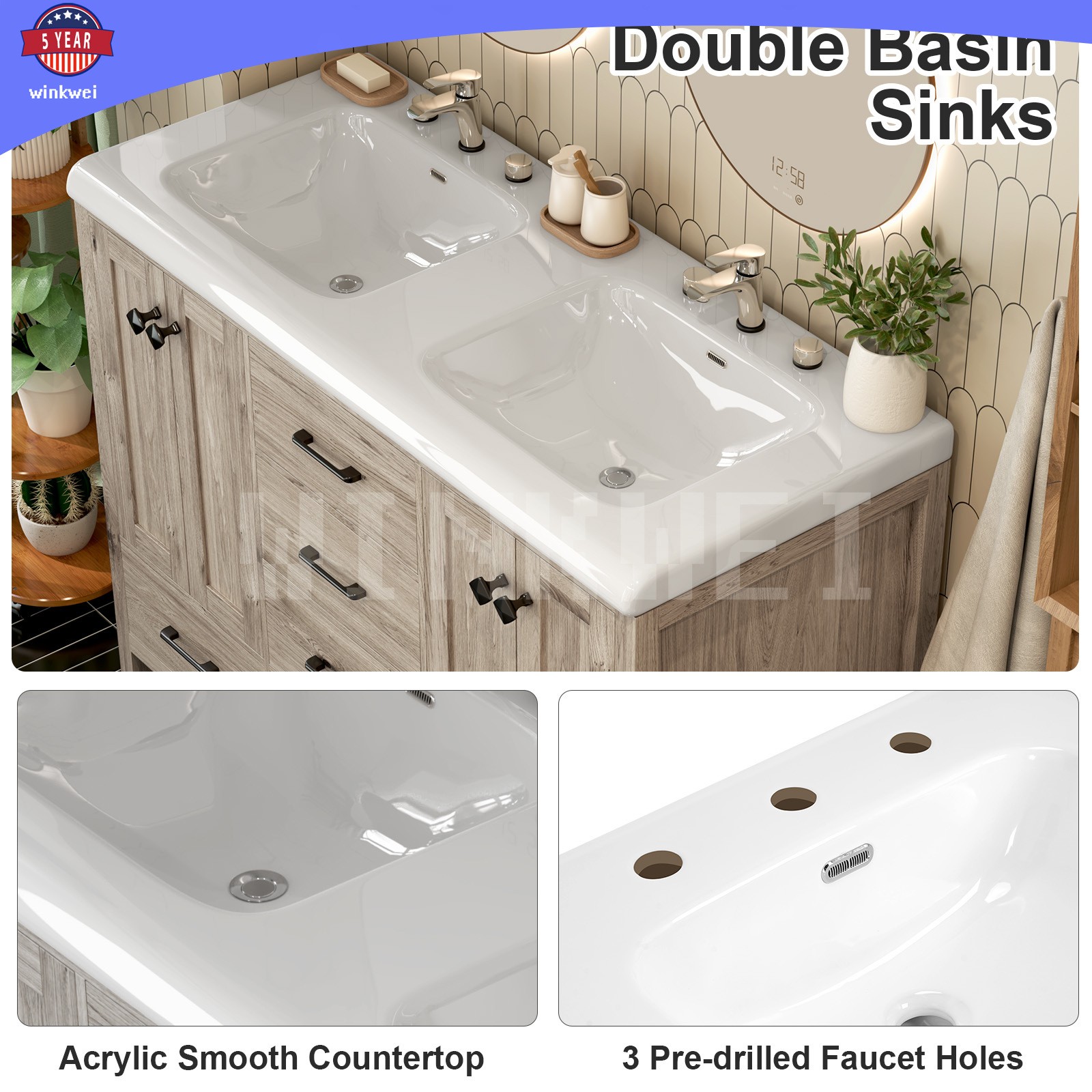 47.3″ Grey Bathroom Vanity Vanity Top Double Sink Ceramic 5 Drawer Freestanding