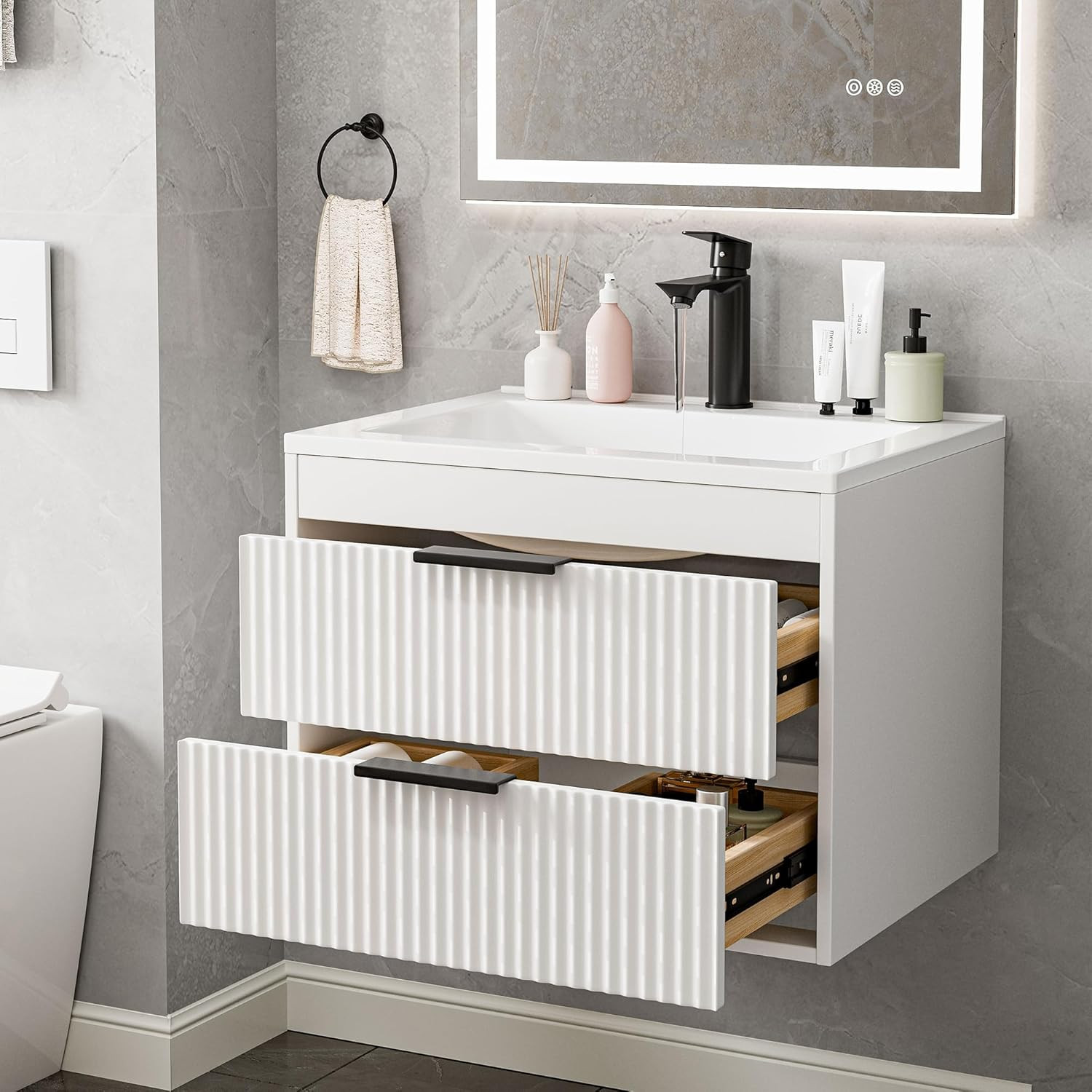 24″ Modern Wall-Mounted Bathroom Vanity with Sink & Double Drawers, White