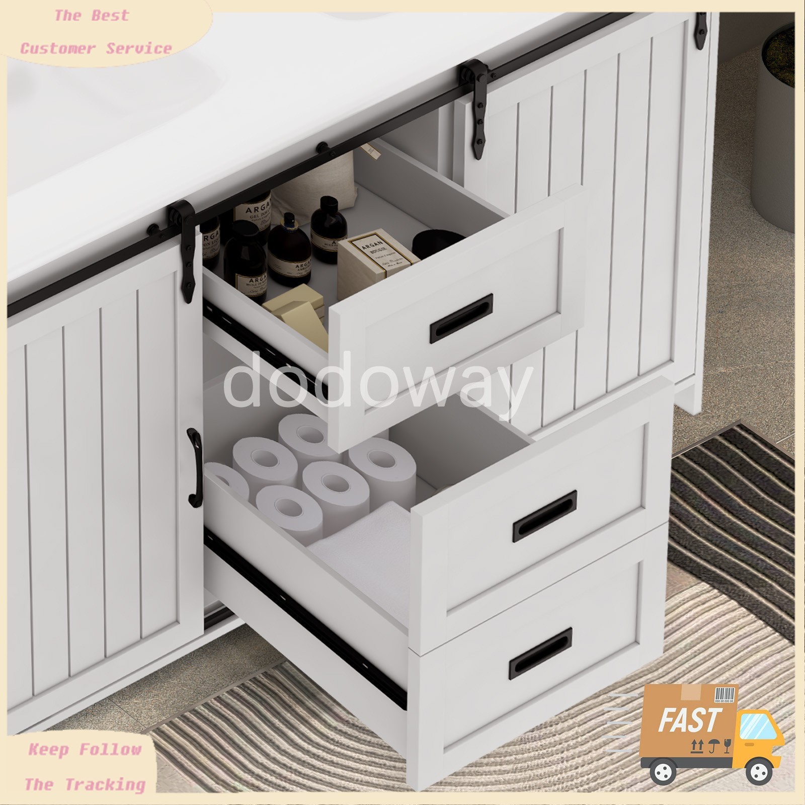 47″ Large Bathroom 2 Vanity Ceramic Sink Set Cabinet with Drawers & Cabinets