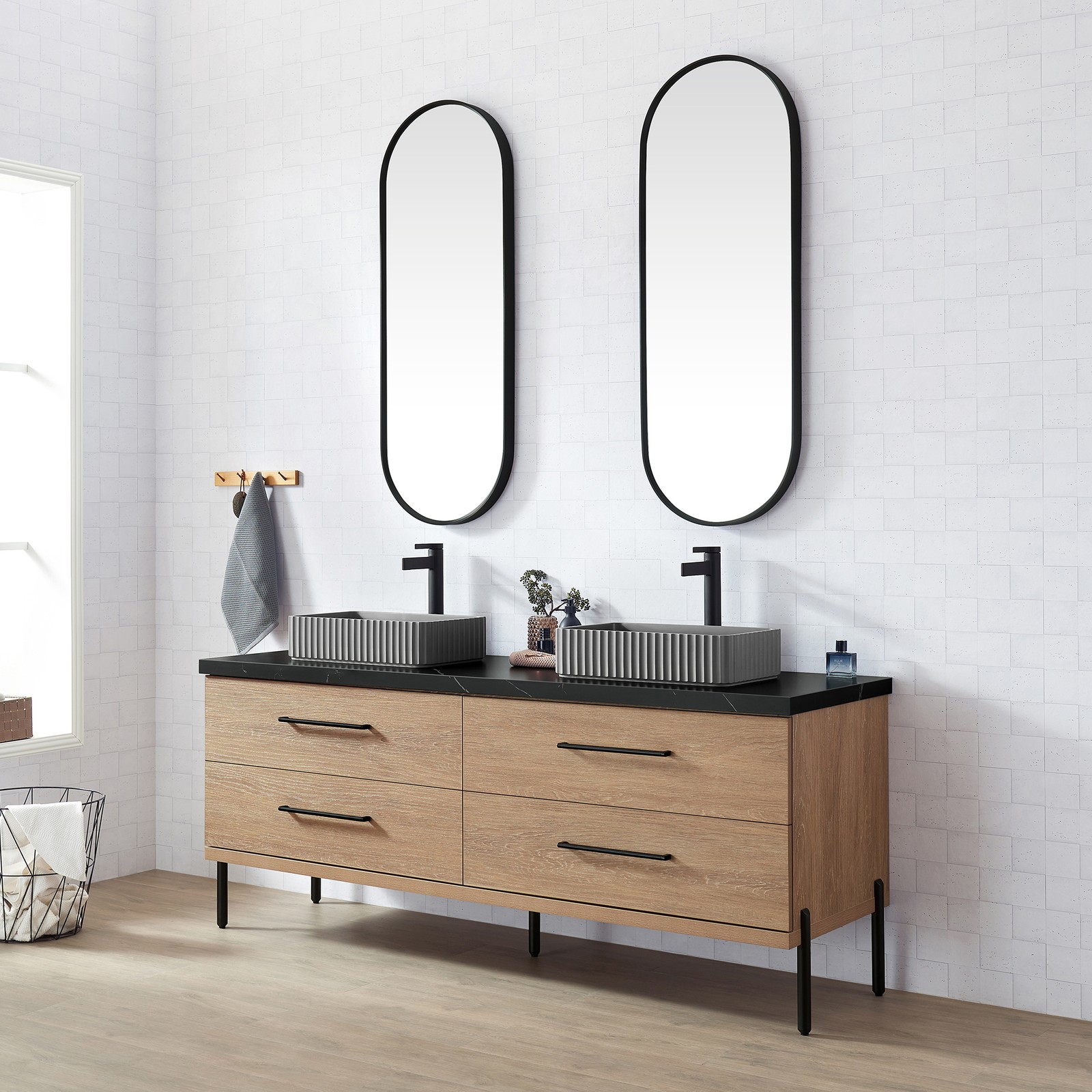 Trento 72″ Double Bath Vanity with Black Sintered Stone Top with Concrete Sink