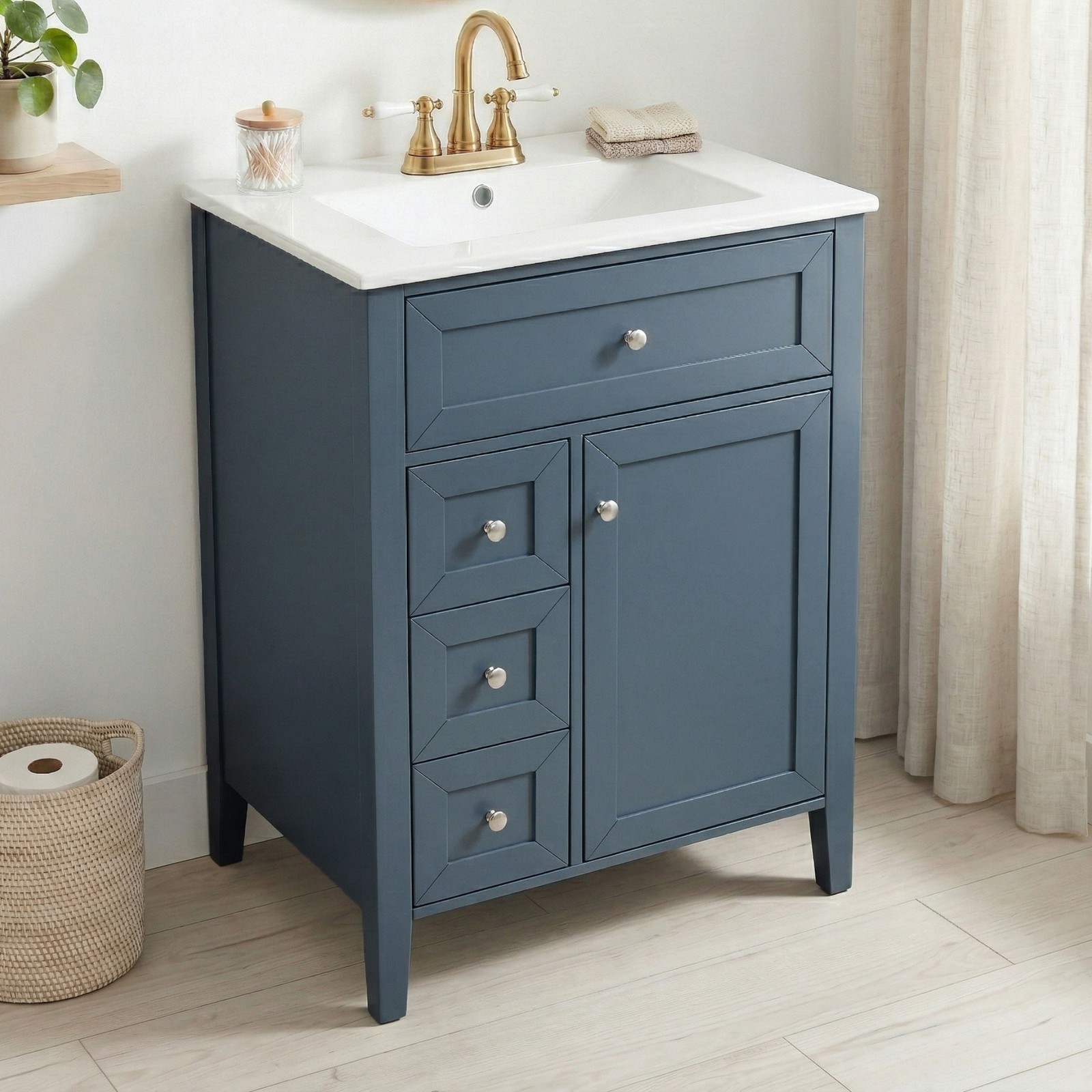 24″ Blue Gray Bathroom Vanity with Ceramic Sink & Soft-Close Drawers
