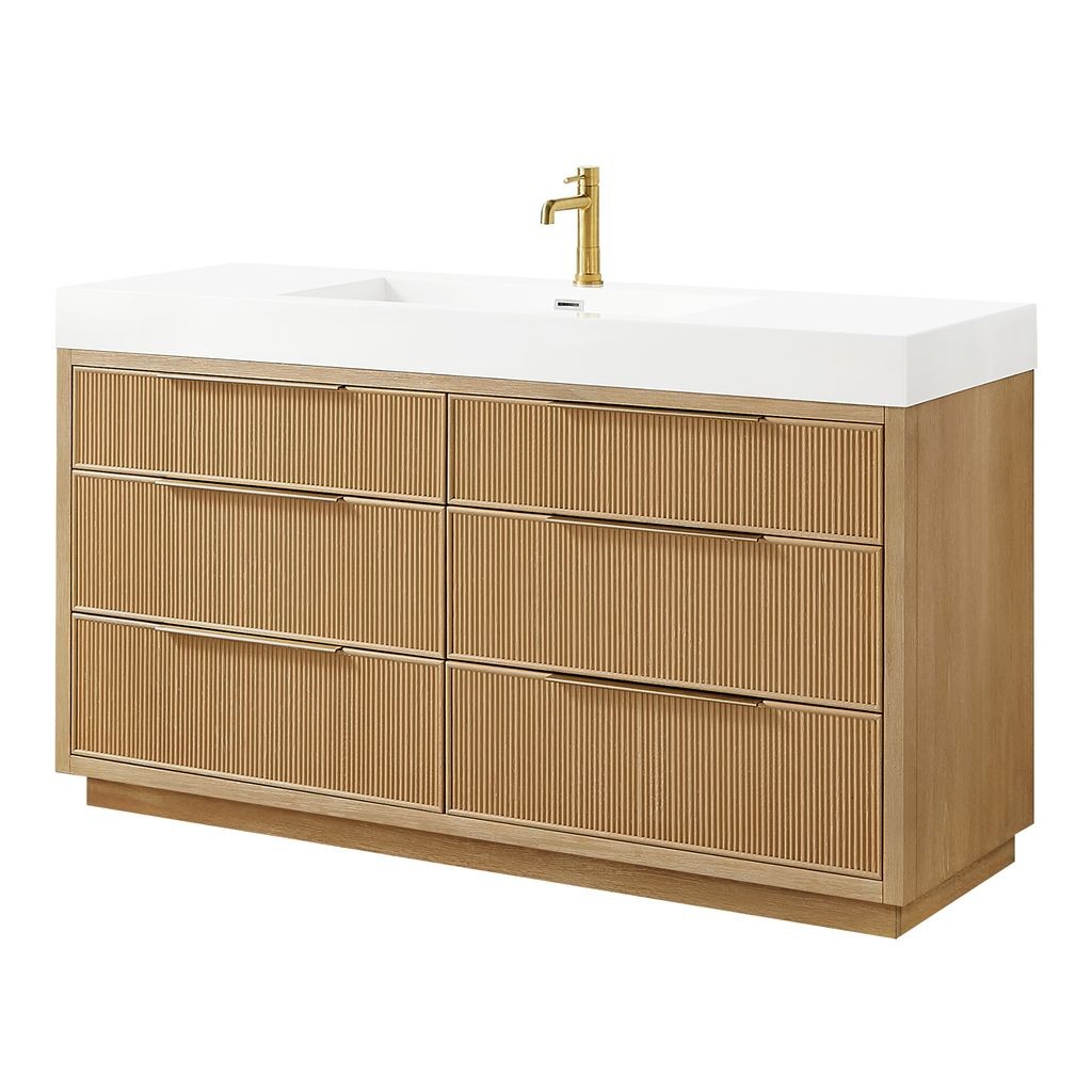 Hohhot 60″ Single Bath Vanity in Washed Ash Grey with White Stone Top