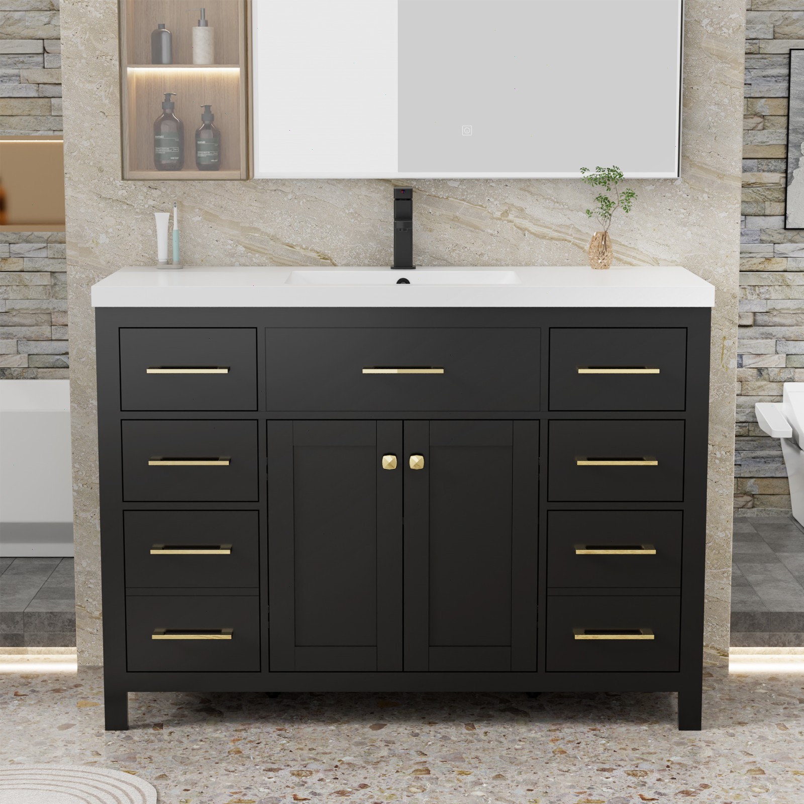 48″ Freestanding Single Sink Bathroom Vanity With Resin Top, Faucet