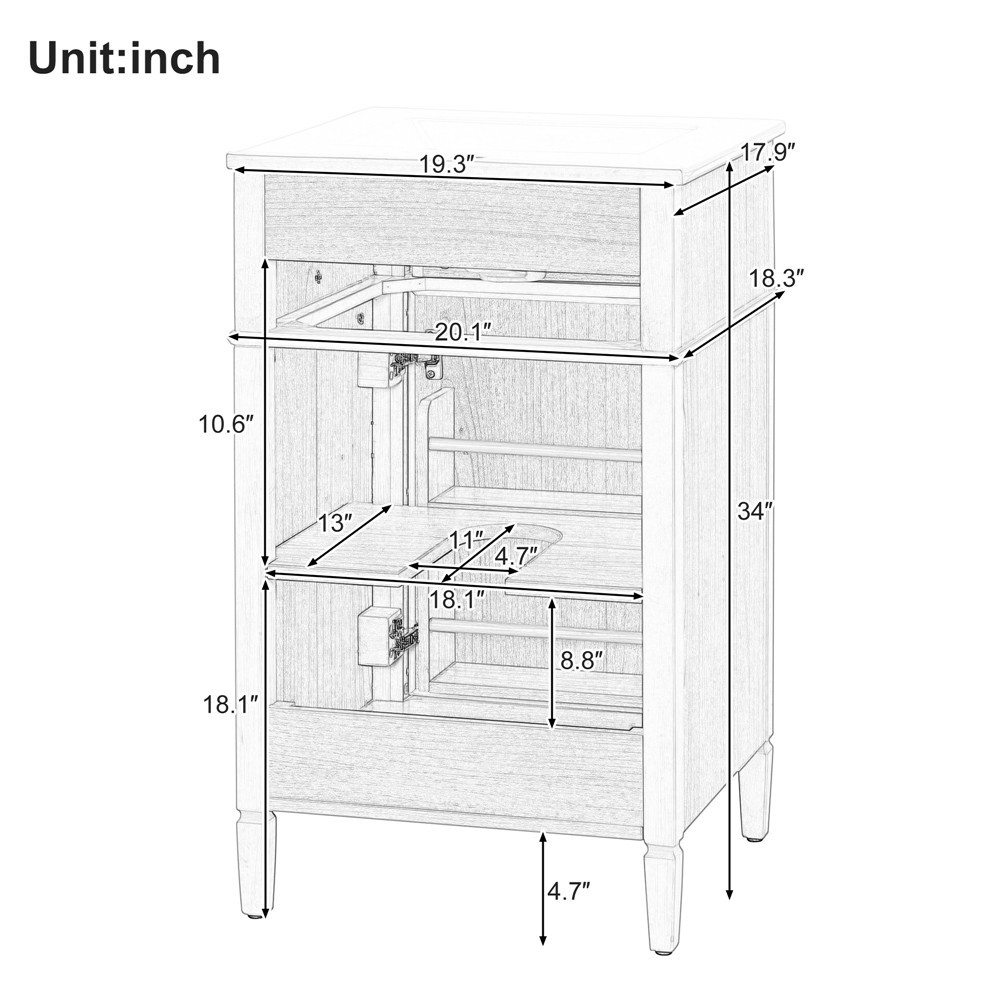 20″ Bathroom Vanity with Ceramic Sink, Freestanding Bath Vanity Door Cabinet