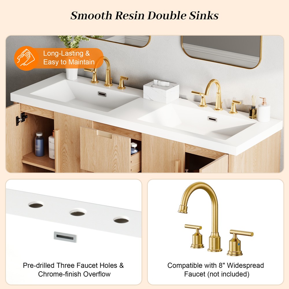 59″ Bathroom Vanity w/Double Sink,Freestanding Vanity Cabinet, 3 Drawers, 4 Door