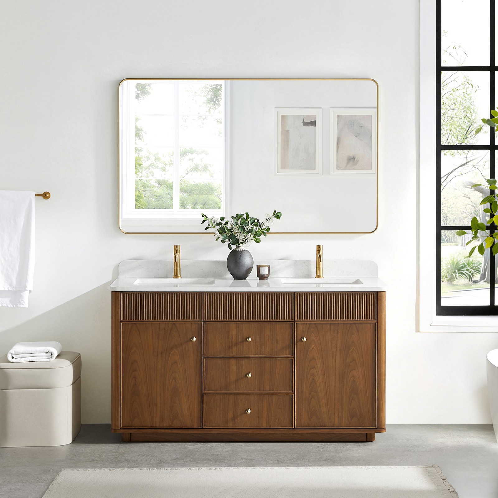 Zogno 60″ Double Sink Bath Vanity in Natural Walnut with White Grain Stone Top