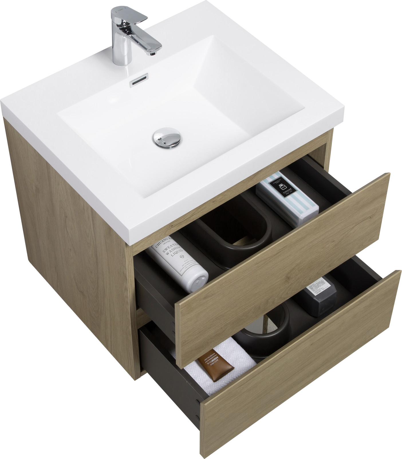 24 in Floating Wall-Mounted Bathroom Vanity 2 Drawers With Resin Top Basin Sink