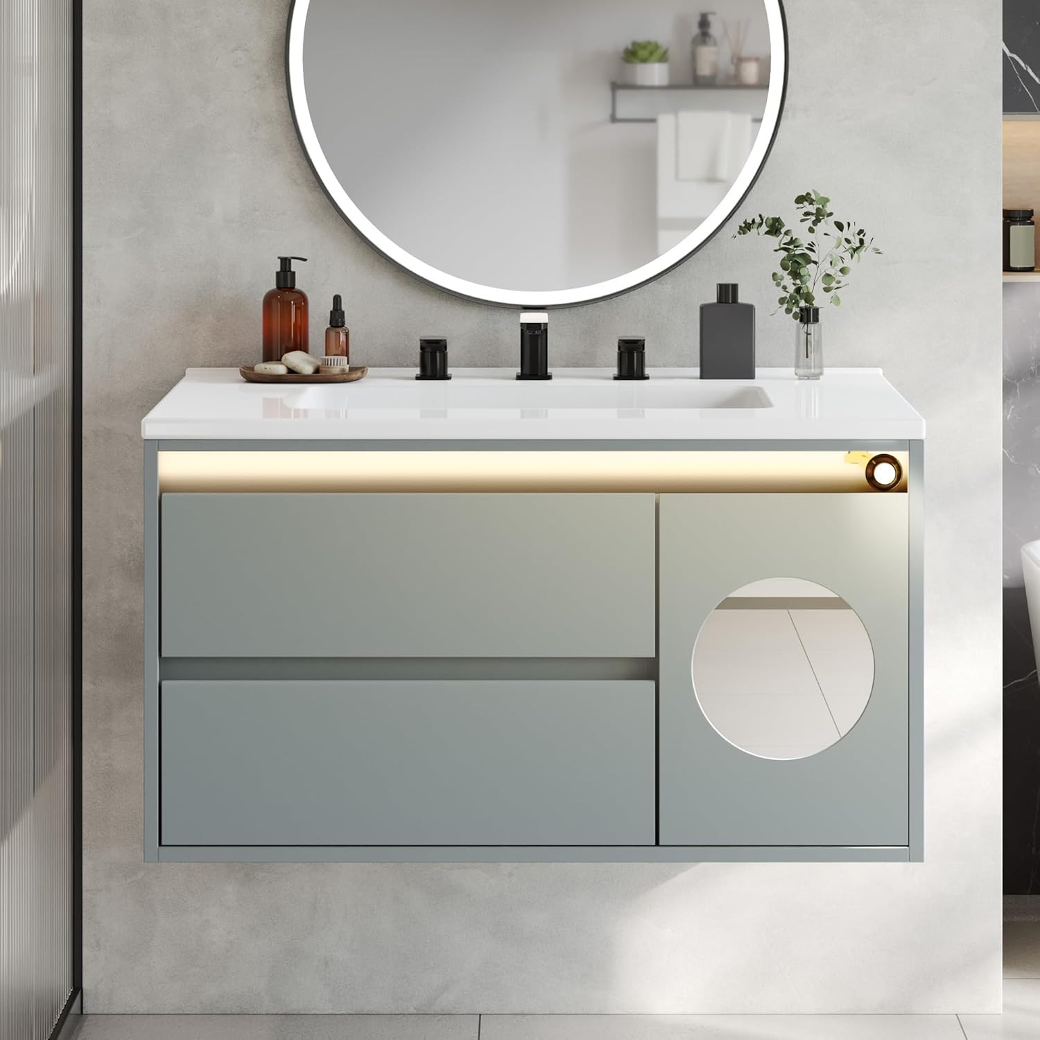 31″ LED Floating Bathroom Vanity with Sink & Sensor Light, 2 Drawers