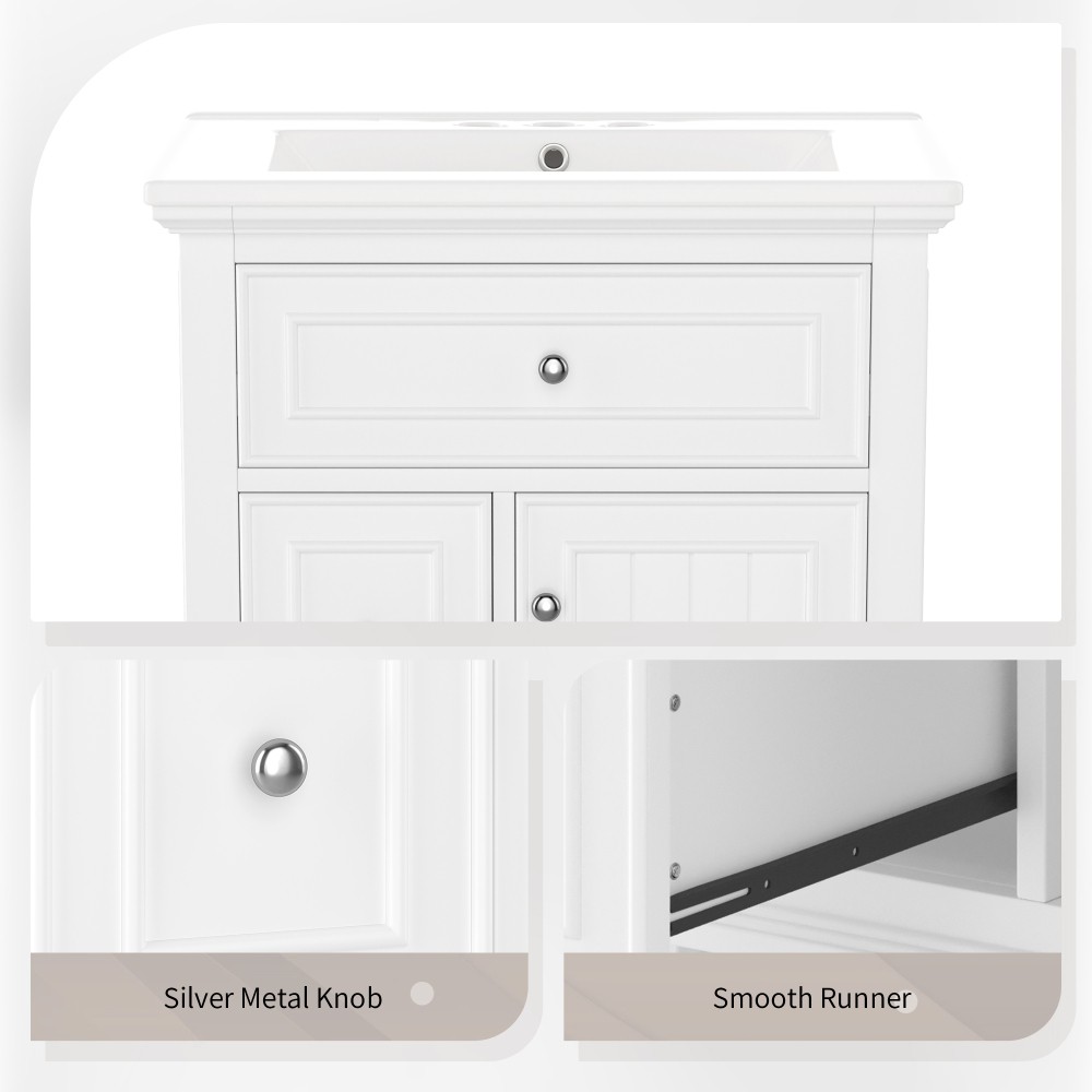 24 Inch White Bathroom Vanity with Ceramic Sink Solid Wood MDF Cabinet